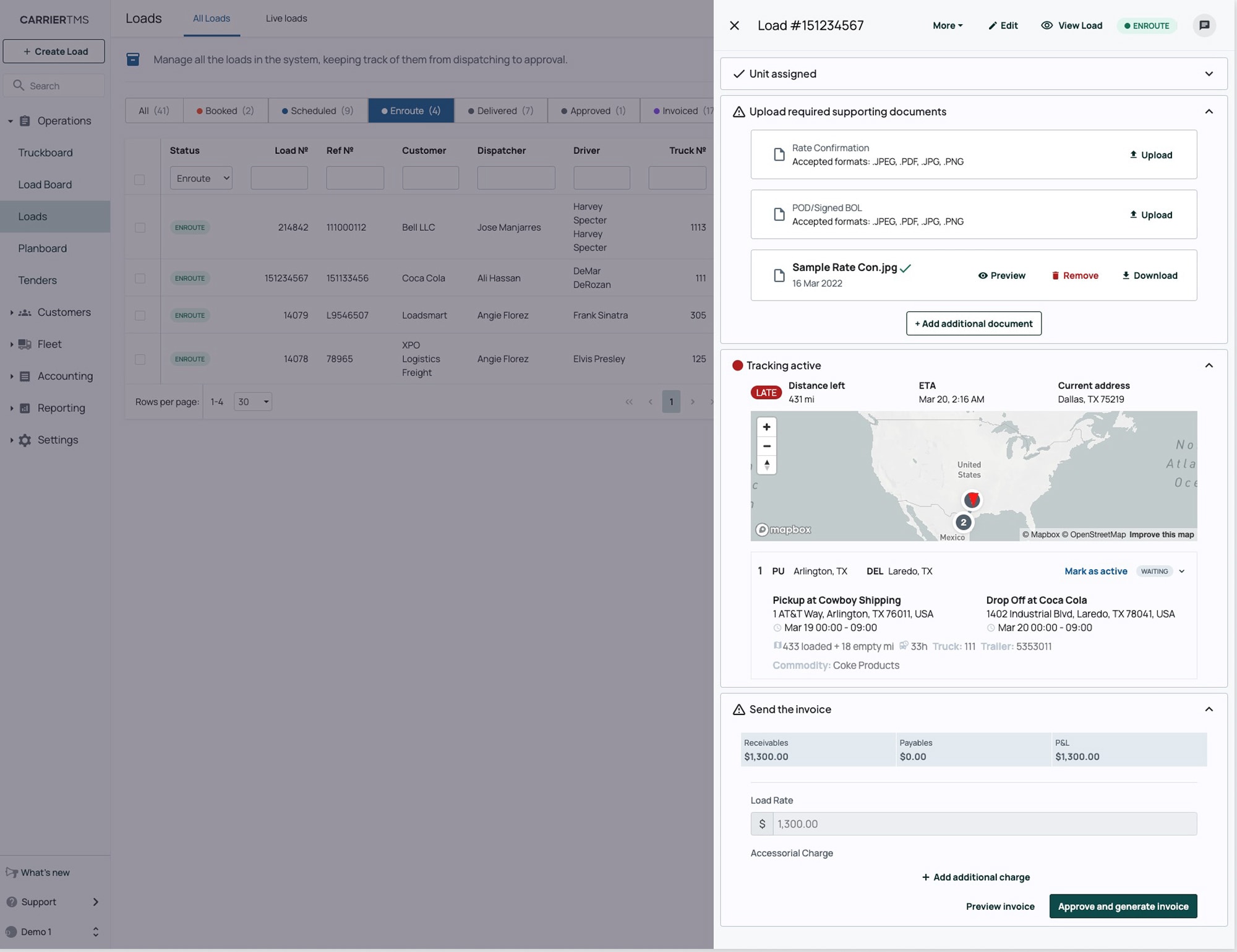 CarrierGuide, Loads screen