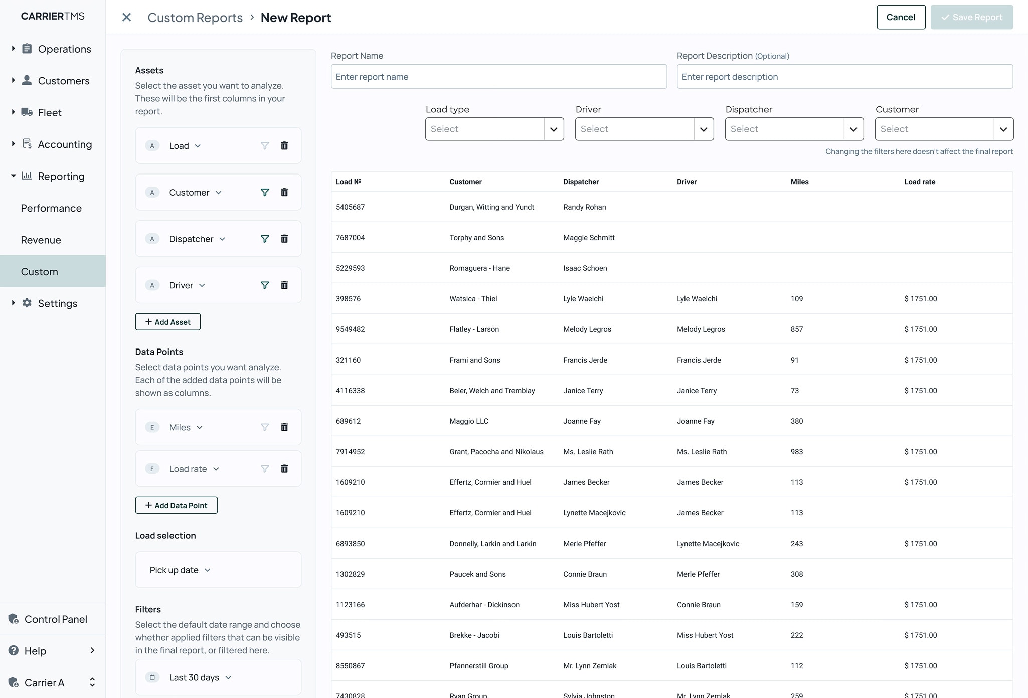CarrierGuide, Custom Reports screen