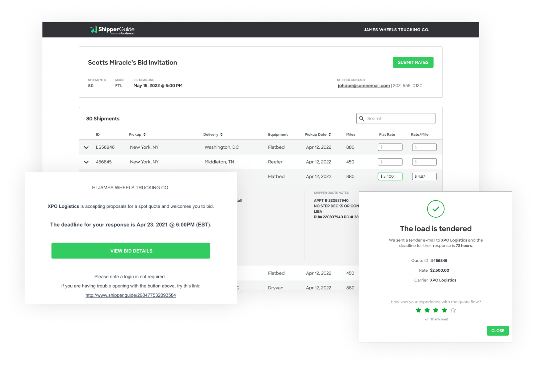 Shipper Guide dashboard screeenshots